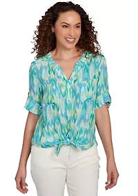 Petite Paradise Ikat Button Tie Front Top