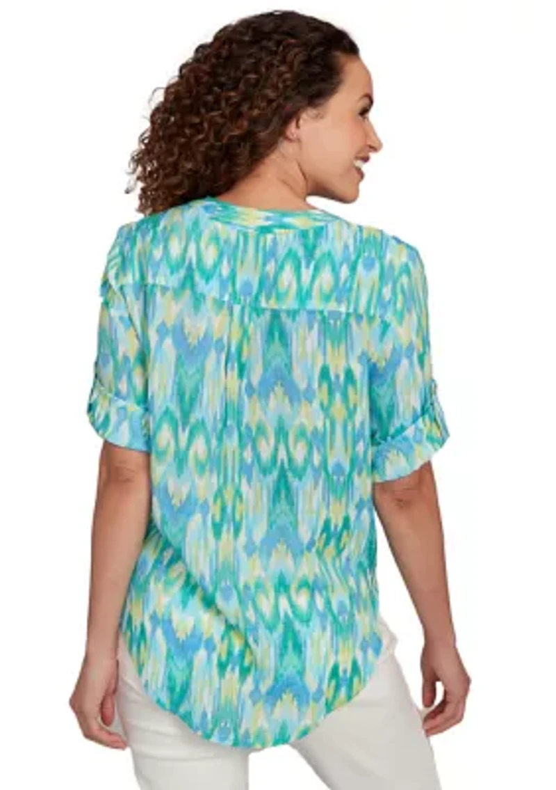 Petite Paradise Ikat Button Tie Front Top