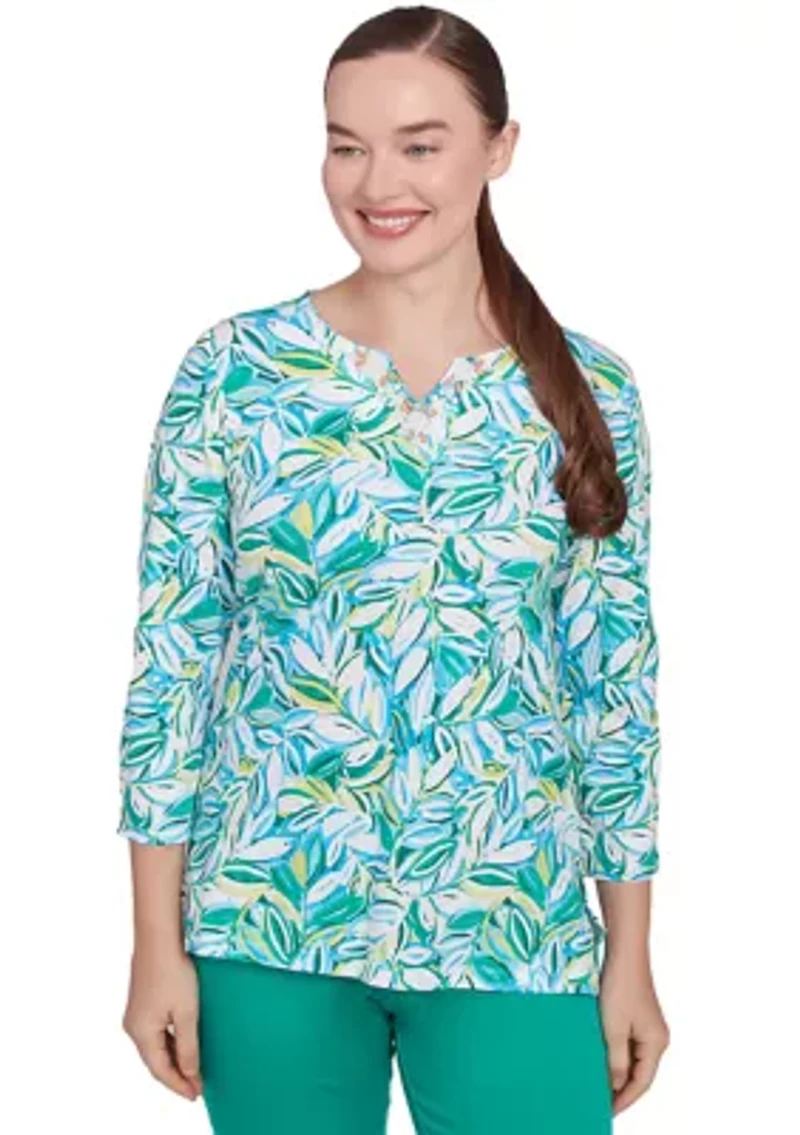 Petite Tossed Leaves Embellished Knit Top