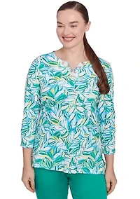 Petite Tossed Leaves Embellished Knit Top