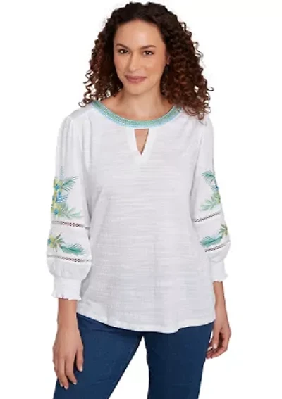 Petite Solid Embroidered Textured Knit Top