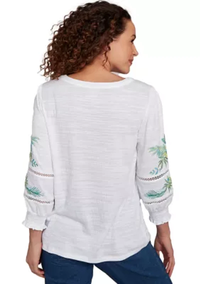 Petite Solid Embroidered Textured Knit Top
