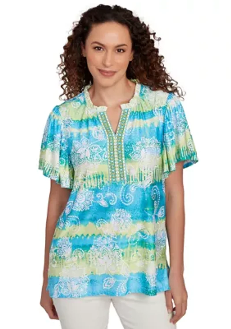 Petite Batik Embroidered Tie Dye Puff Print T-Shirt