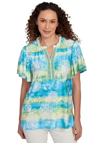 Petite Batik Embroidered Tie Dye Puff Print T-Shirt