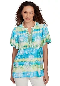 Petite Batik Embroidered Tie Dye Puff Print T-Shirt