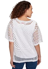 Petite Scoop Neck Floral Blocked Faux Crochet Lined Top