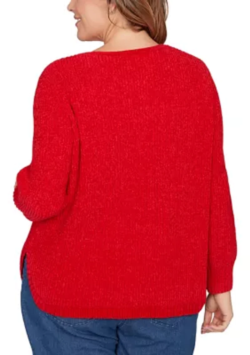 Plus Vertical Cable Detailed Chenille Pull Over Sweater