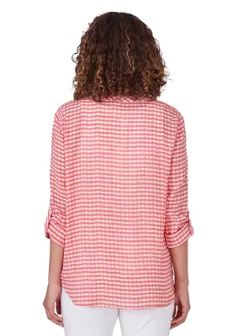 Petite Gingham Silky Henley Top