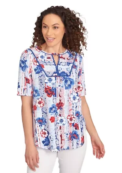 Petite Riviera Floral Stripe Print Knit Top