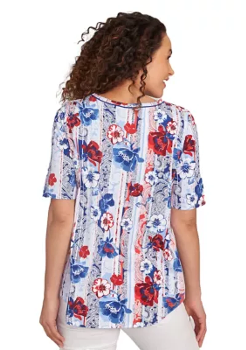 Petite Riviera Floral Stripe Print Knit Top