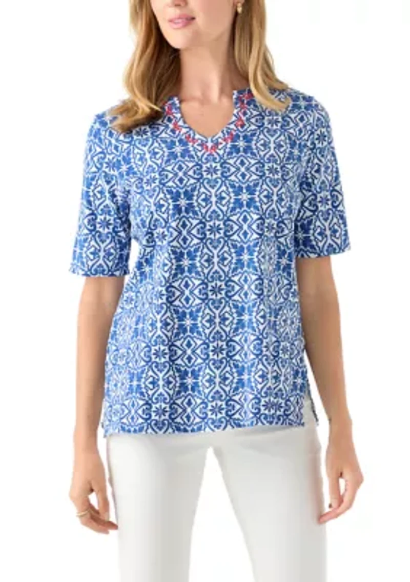 Petite Embellished Split Neck Top