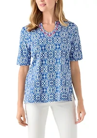 Petite Embellished Split Neck Top