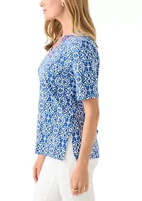 Petite Embellished Split Neck Top