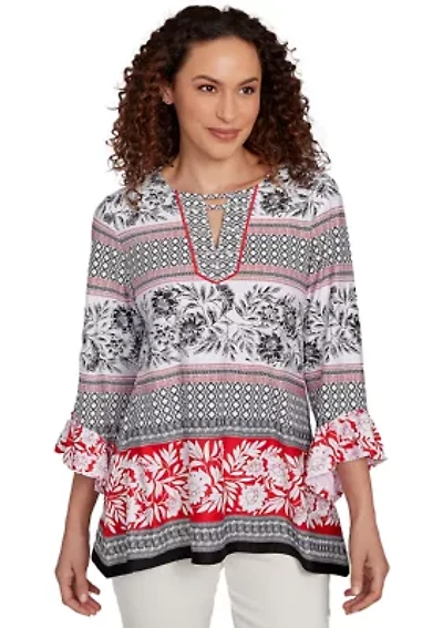 Women's Tropical Motif Stripe Puff Print Knit Top