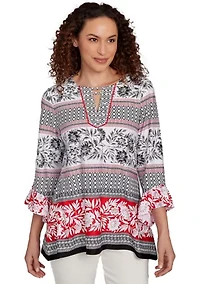 Women's Tropical Motif Stripe Puff Print Knit Top