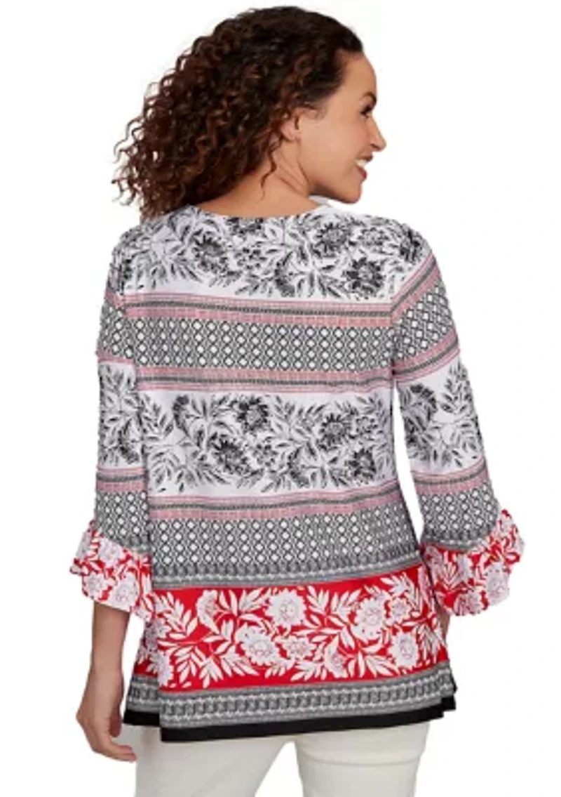 Women's Tropical Motif Stripe Puff Print Knit Top