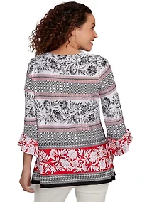 Women's Tropical Motif Stripe Puff Print Knit Top