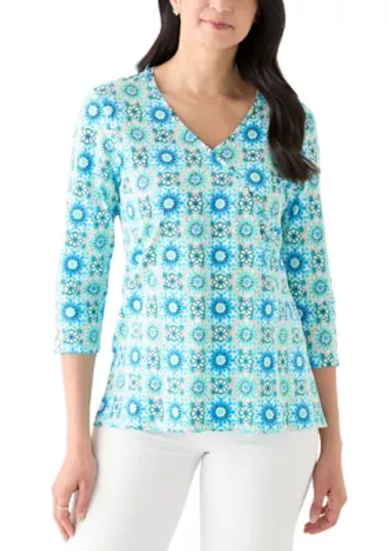 Women's Medallion Tile Floral Faux Surplice Top