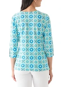 Women's Medallion Tile Floral Faux Surplice Top
