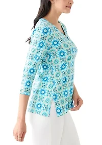 Women's Medallion Tile Floral Faux Surplice Top