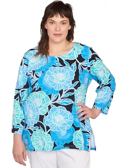 Plus Scoop Neck Poppies Print Knit Top