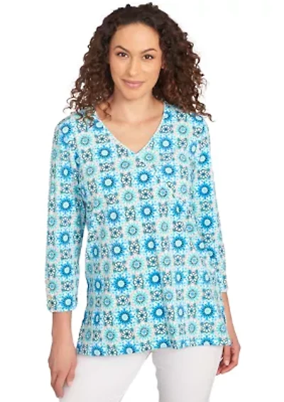 Petite Medallion Tile Floral Faux Surplice Top