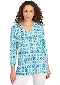 Petite Medallion Tile Floral Faux Surplice Top