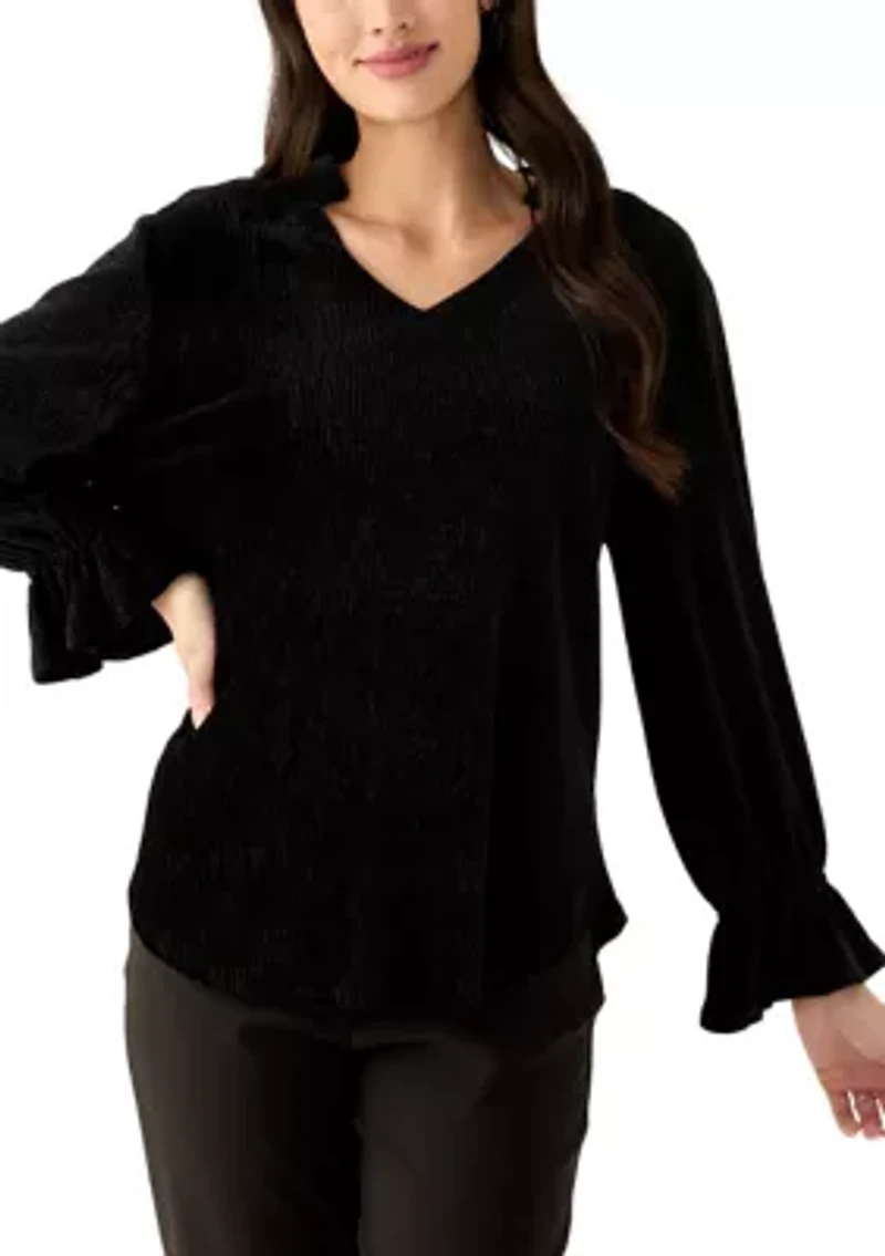 Women's V-Neck Smocked Velvet Top with Three Quarter Gathered Sleeves