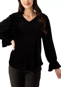 Women's V-Neck Smocked Velvet Top with Three Quarter Gathered Sleeves