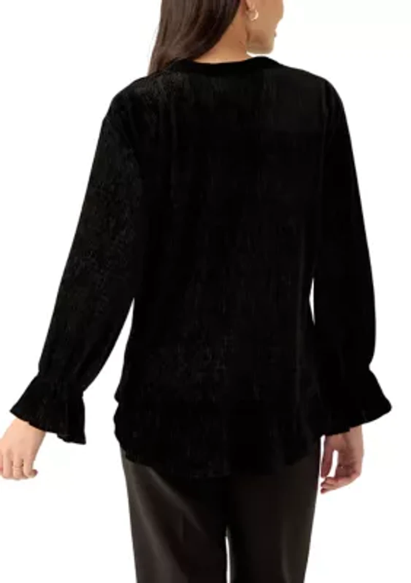 Women's V-Neck Smocked Velvet Top with Three Quarter Gathered Sleeves