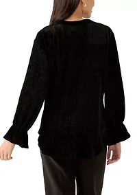 Women's V-Neck Smocked Velvet Top with Three Quarter Gathered Sleeves