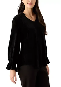 Women's V-Neck Smocked Velvet Top with Three Quarter Gathered Sleeves