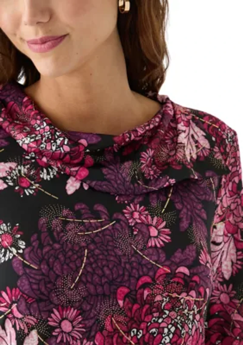 Women's Split Cowl Neck Bold Blooms Dew Drop Printed Knit Shark Bite Top