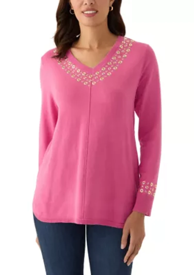 Women's V-Neck Grommet Embellished Fine Gauge Pullover Sweater