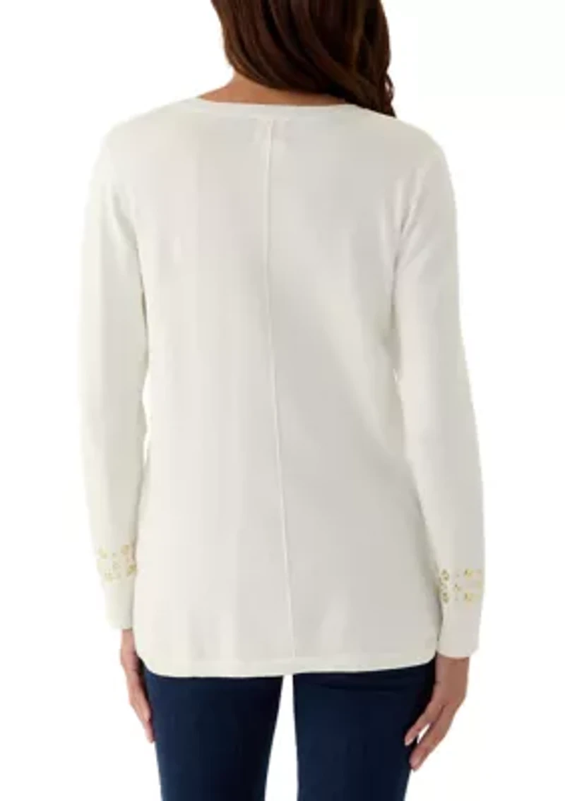 Women's V-Neck Grommet Embellished Fine Gauge Pullover Sweater