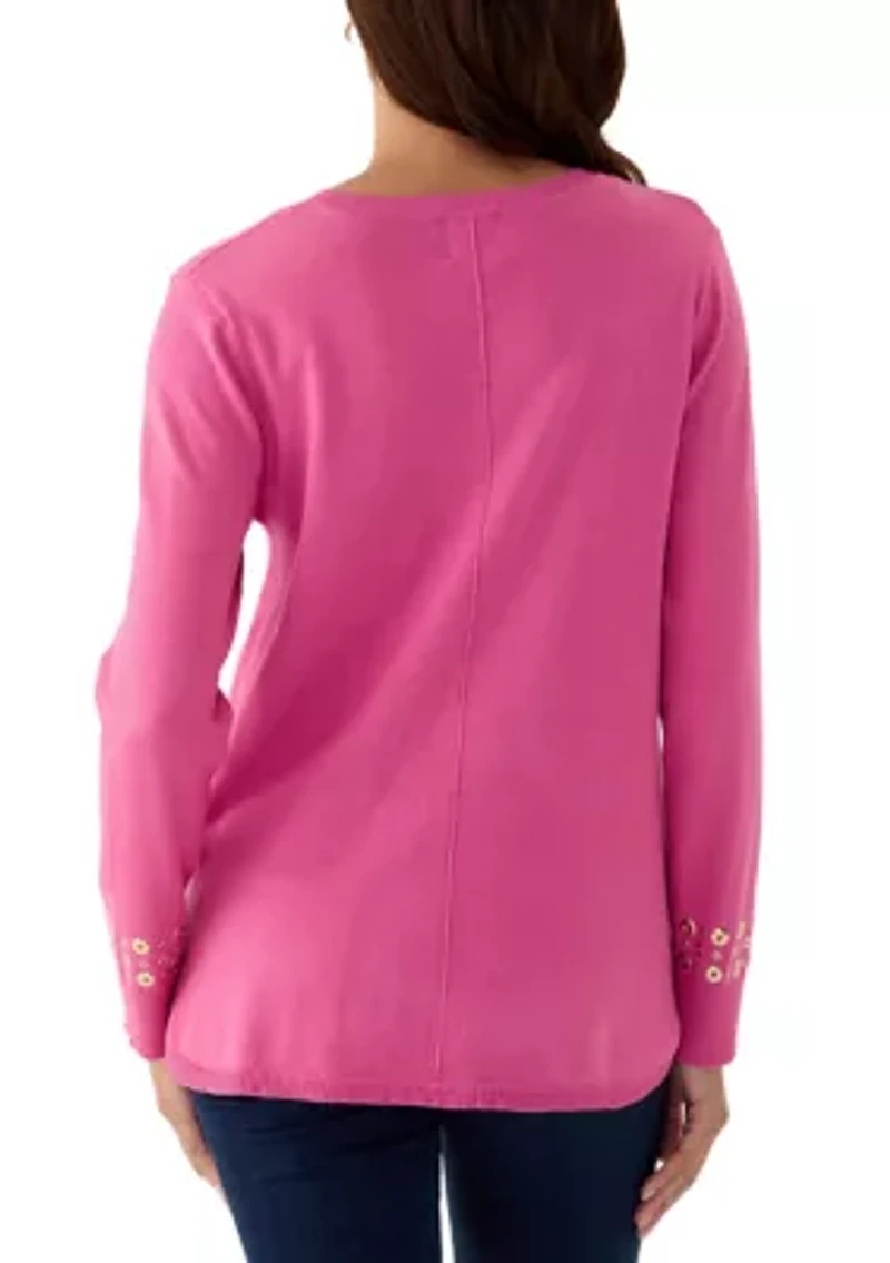 Women's V-Neck Grommet Embellished Fine Gauge Pullover Sweater