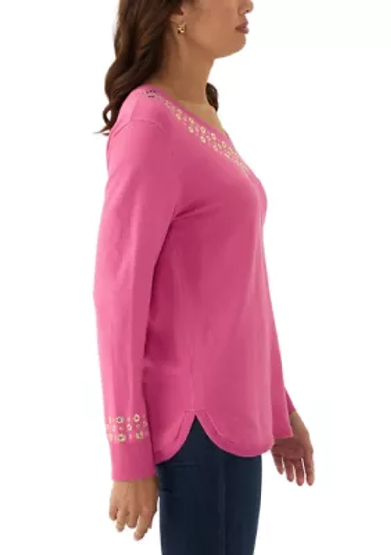 Women's V-Neck Grommet Embellished Fine Gauge Pullover Sweater