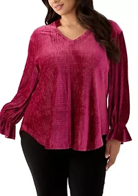 Plus V-Neck Smocked Velvet Top With Three Quarter Gathered Sleeves