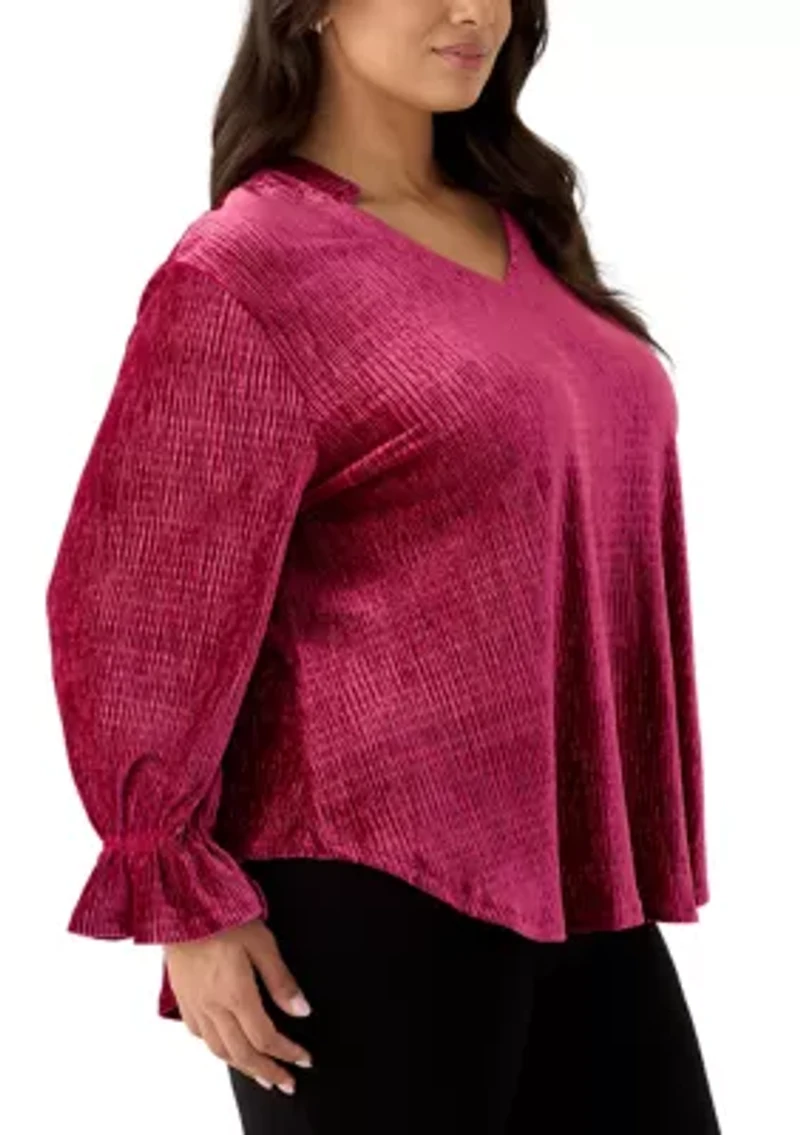 Plus V-Neck Smocked Velvet Top With Three Quarter Gathered Sleeves