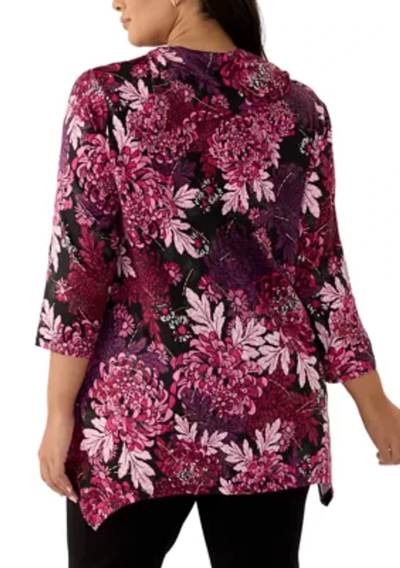 Plus Split Cowl Neck Bold Blooms Dew Drop Printed Knit Sharkbite Top