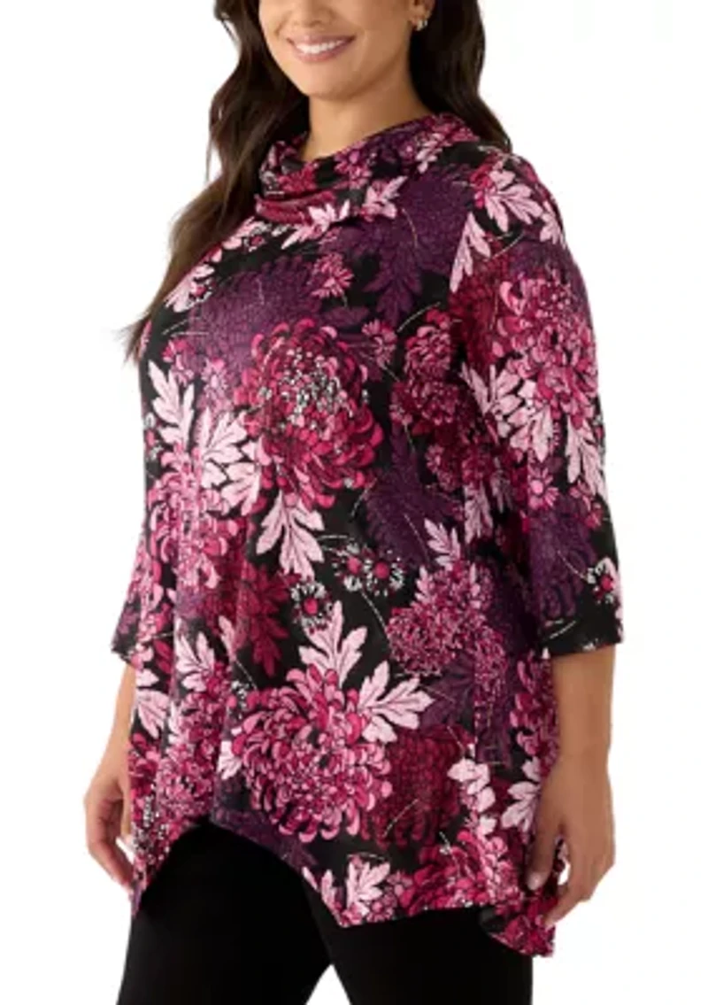 Plus Split Cowl Neck Bold Blooms Dew Drop Printed Knit Sharkbite Top