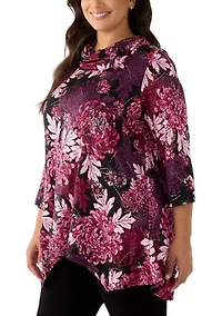 Plus Split Cowl Neck Bold Blooms Dew Drop Printed Knit Sharkbite Top