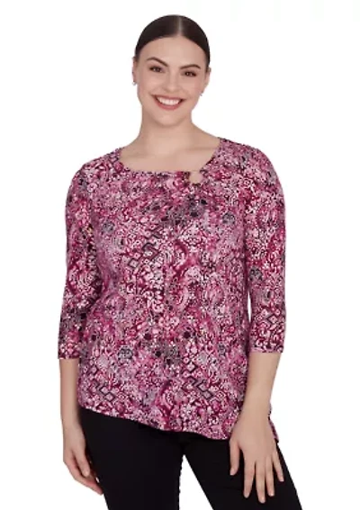 Petite Ring Neck Medallion Print Hatchi Knit Top with Asymmetric Hem