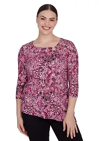 Petite Ring Neck Medallion Print Hatchi Knit Top with Asymmetric Hem