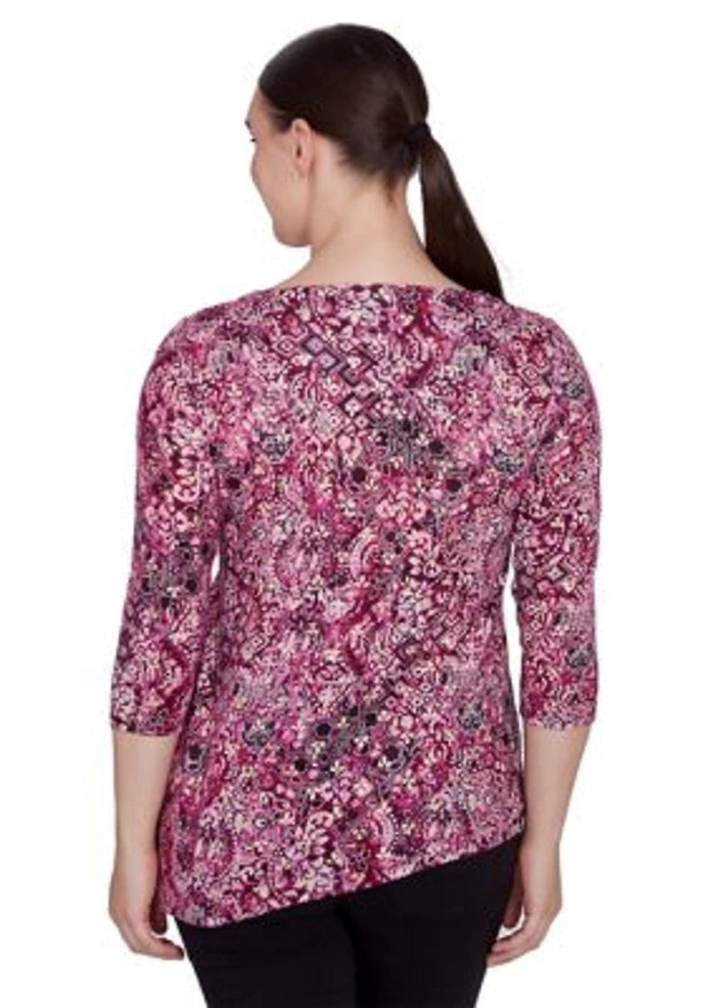 Petite Ring Neck Medallion Print Hatchi Knit Top with Asymmetric Hem