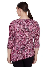 Petite Ring Neck Medallion Print Hatchi Knit Top with Asymmetric Hem