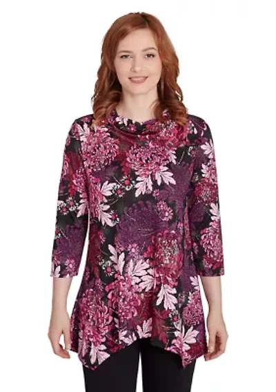 Petite Split Cowl Neck Bold Blooms Dew Drop Printed Knit Sharkbite Top