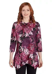 Petite Split Cowl Neck Bold Blooms Dew Drop Printed Knit Sharkbite Top