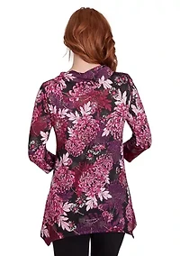 Petite Split Cowl Neck Bold Blooms Dew Drop Printed Knit Sharkbite Top