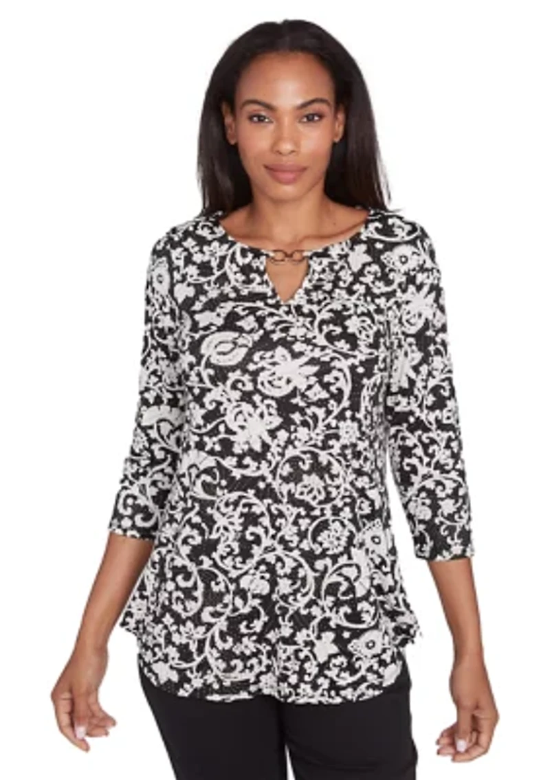 Petite Split Neck with Metal Clasp Detail Batik Scroll Dew Drop Printed Knit Top